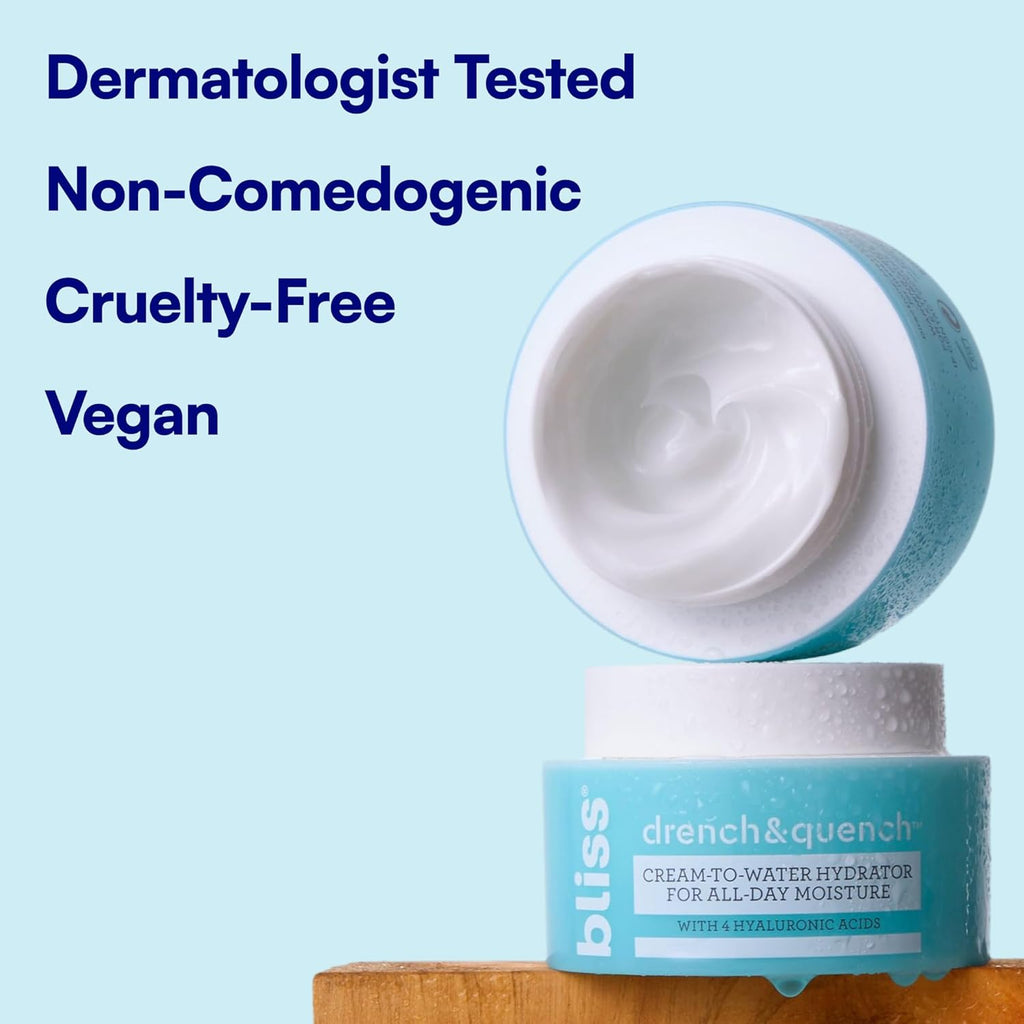 Bliss Drench & Quench Hyaluronic Acid Cream to Water Moisturizer | Lightweight Face Cream with 4 Types of Hyaluronic Acid for All Day Hydration and Plump Skin | Clean Vegan & Cruelty Free 1.7 fl oz