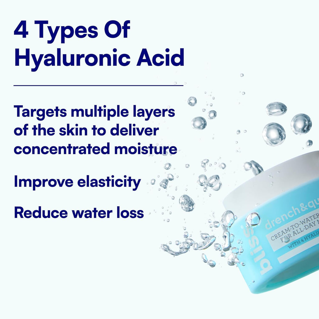 Bliss Drench & Quench Hyaluronic Acid Cream to Water Moisturizer | Lightweight Face Cream with 4 Types of Hyaluronic Acid for All Day Hydration and Plump Skin | Clean Vegan & Cruelty Free 1.7 fl oz