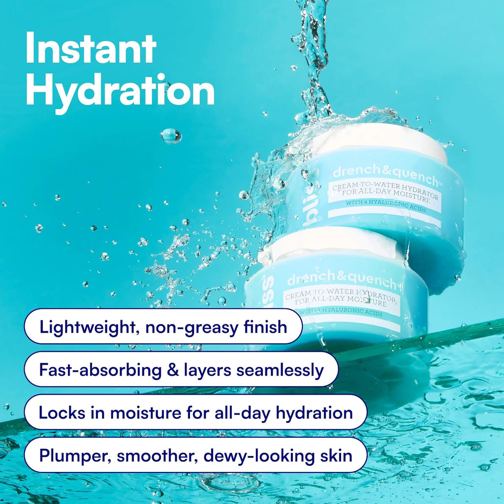 Bliss Drench & Quench Hyaluronic Acid Cream to Water Moisturizer | Lightweight Face Cream with 4 Types of Hyaluronic Acid for All Day Hydration and Plump Skin | Clean Vegan & Cruelty Free 1.7 fl oz